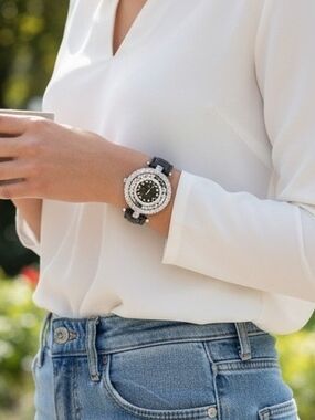 Women's Adrienne Vittadina Luxury Round Crystal Bezel Black Strap Watch New